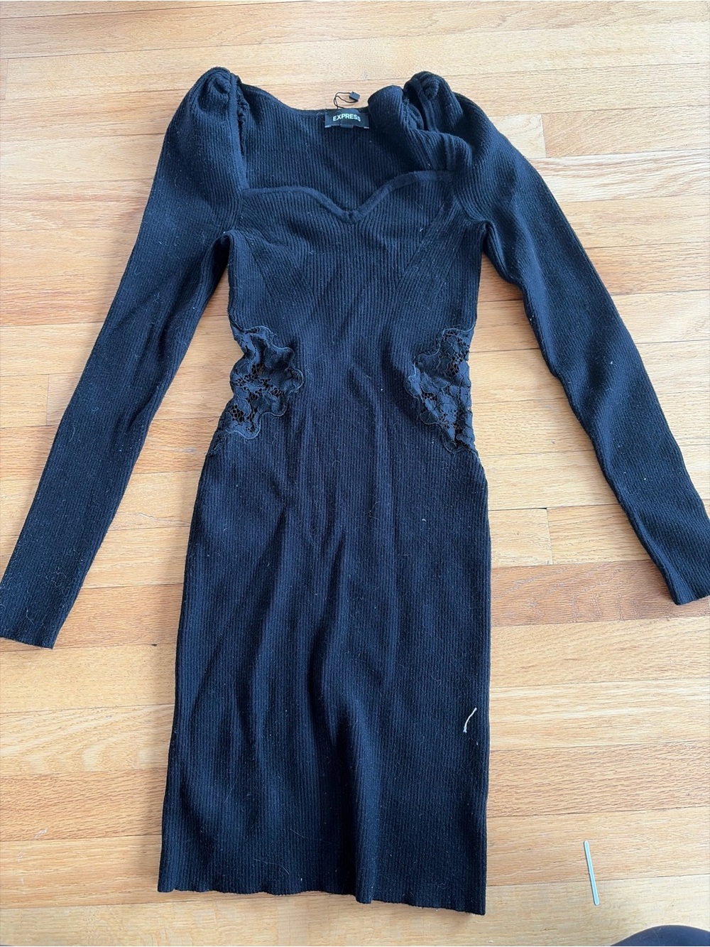 Express Black Long Sleeve Ribbed Dress with Lace Side Panels